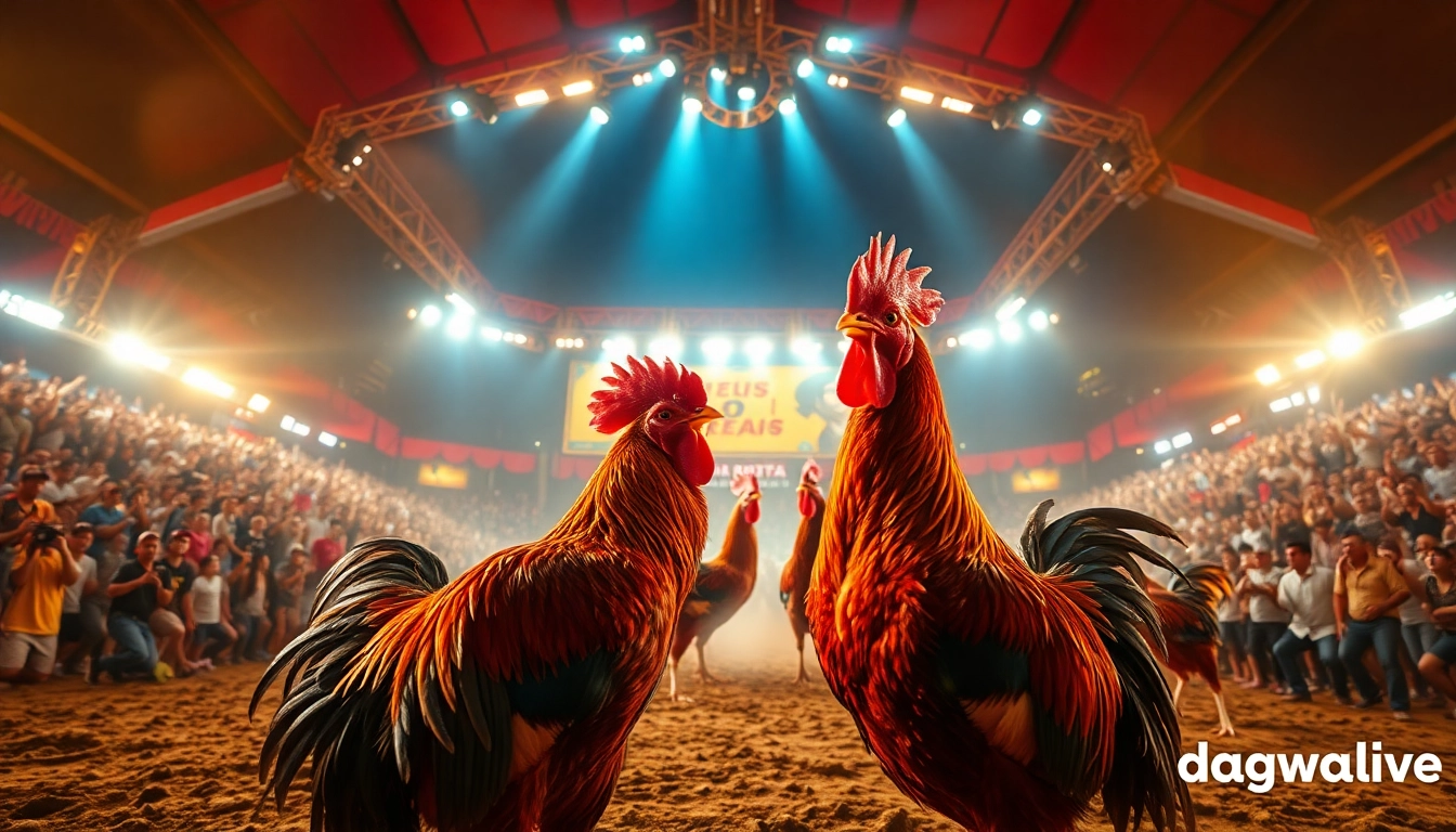 Dagawin.live showcases thrilling live cockfighting events with crowd excitement and vibrant arena lights.