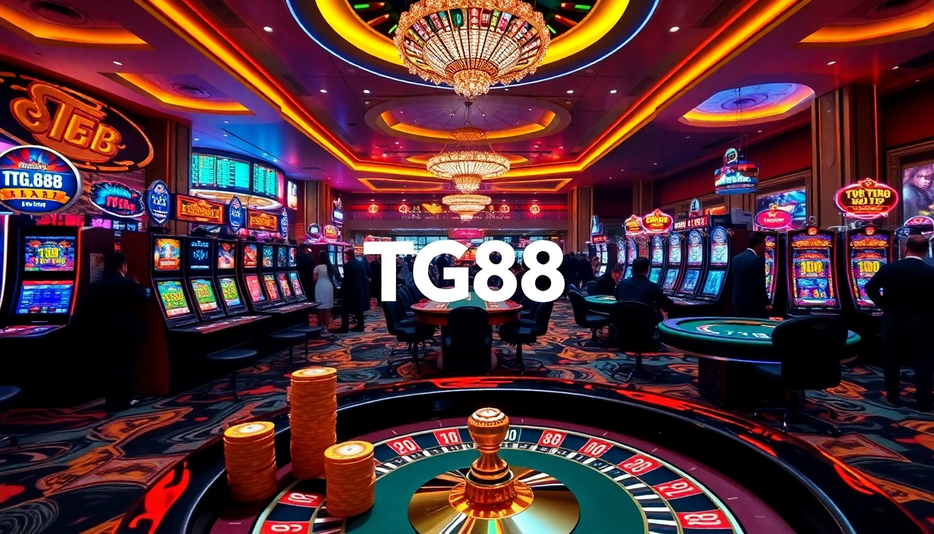 Players enjoying the thrilling atmosphere of TG88 casino with exciting slot machines and poker tables.