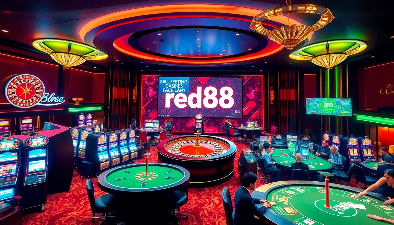 Engaged players enjoying red88 betting at a vibrant casino featuring roulette and slots.
