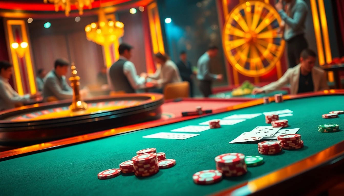 Exciting j88 poker game scene with cards and chips on a luxurious casino table, illuminated atmosphere.