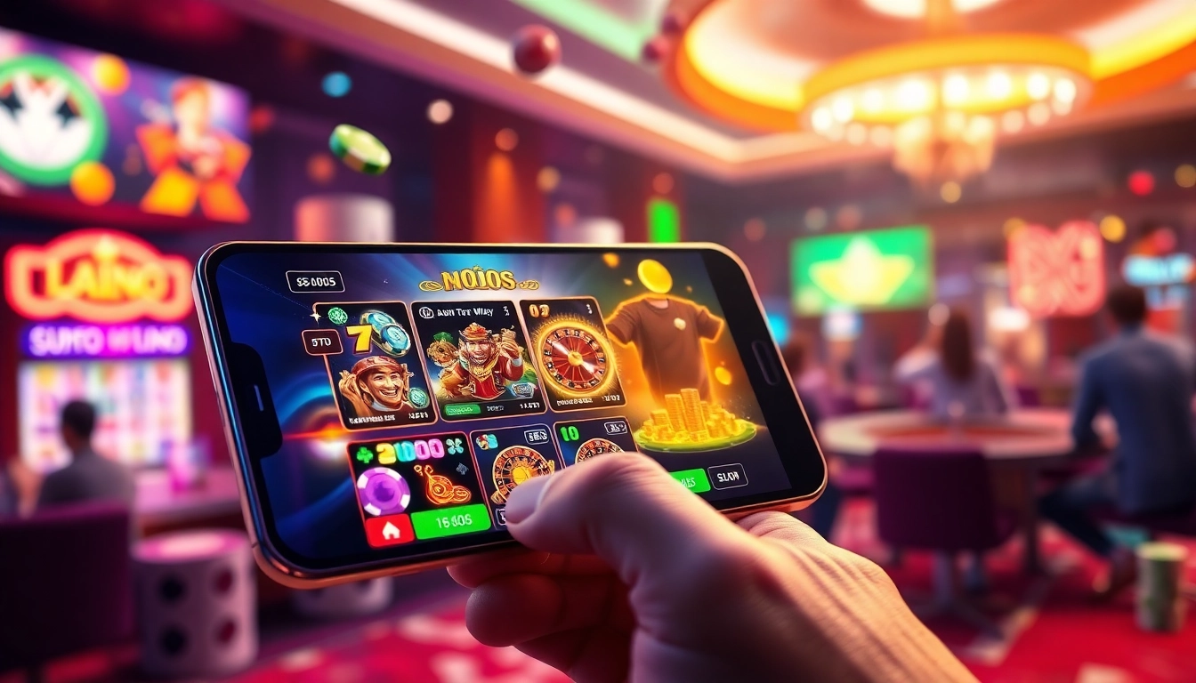 Exciting online gambling scene with vibrant games and smartphone interface at hello88win.live.