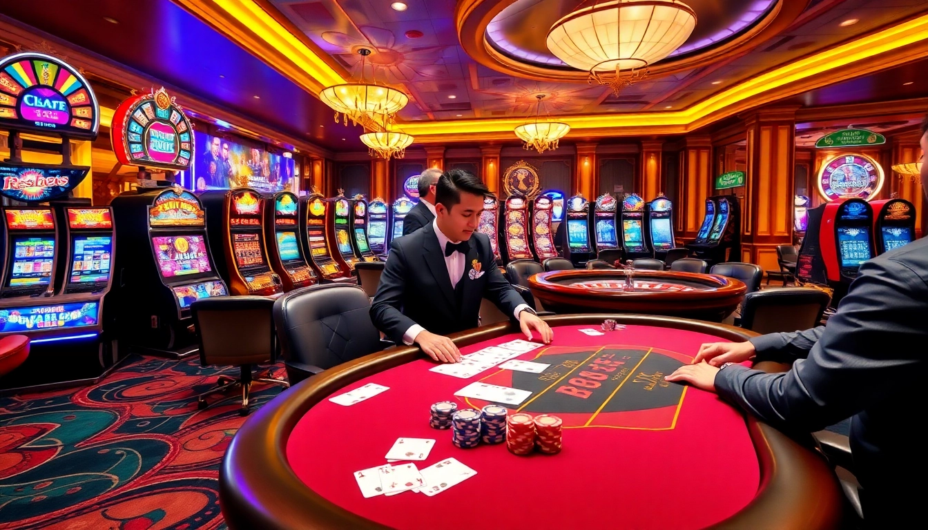 Exciting gaming scene at https://tr88games.com/, featuring poker tables and slot machines.