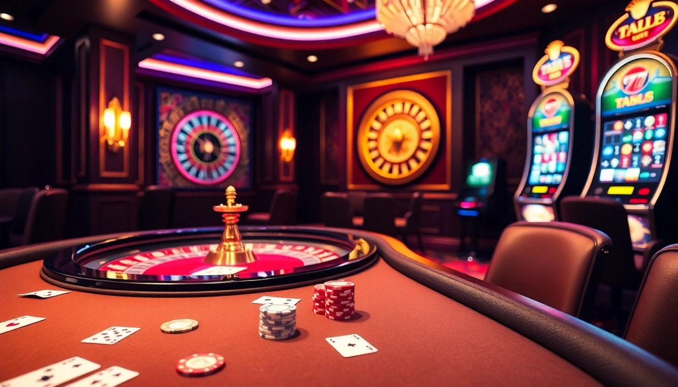 Experience the luxury of ta88 club with poker chips and a roulette wheel in a vibrant casino.