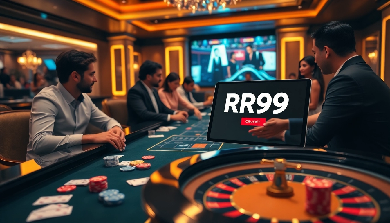 Players strategically placing bets with RR99 chips at a luxury casino table.