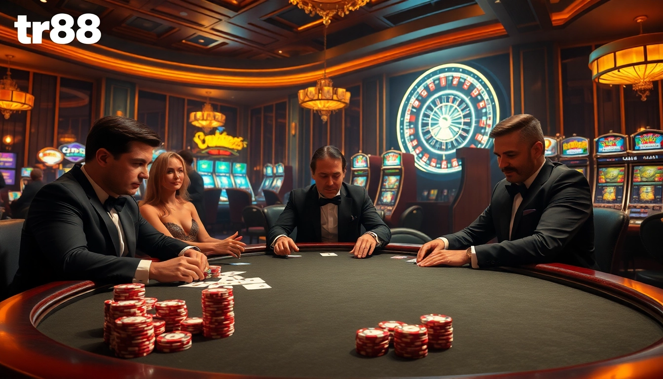 Experience excitement at a high-stakes poker table, featuring chips and cards, highlighting tr88.