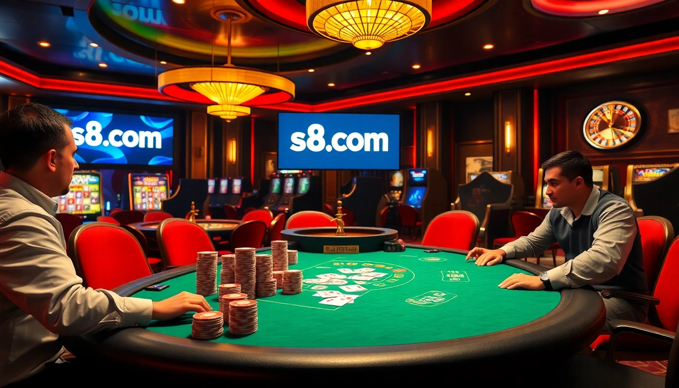 S8 com casino scene with poker players at a luxurious table and a vibrant roulette wheel.