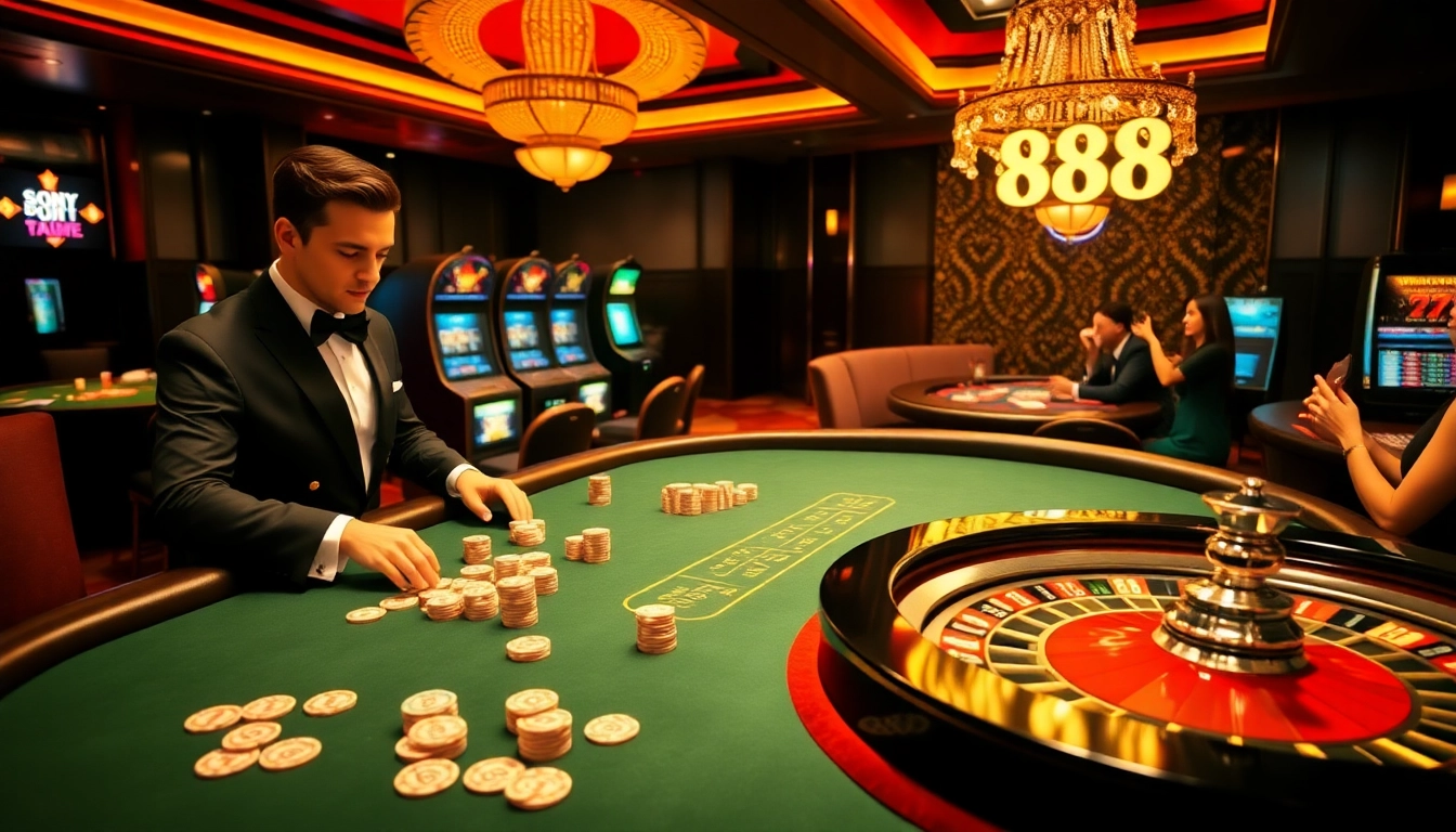 Experience the excitement of gambling at 888vi with a luxurious casino scene featuring poker, roulette, and slot machines.