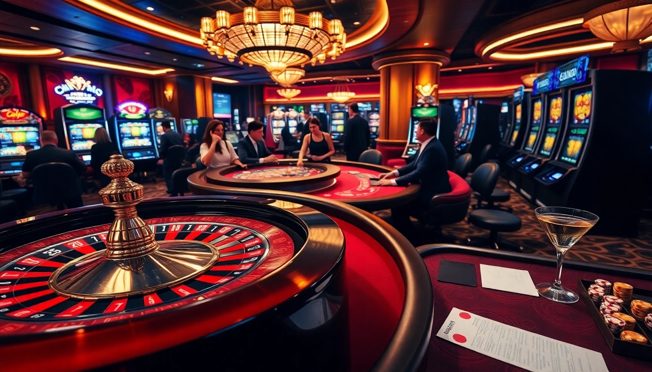 Experience the thrill of betting at https://f168.direct/ with a luxurious casino scene featuring roulette, poker, and vibrant slot machines.