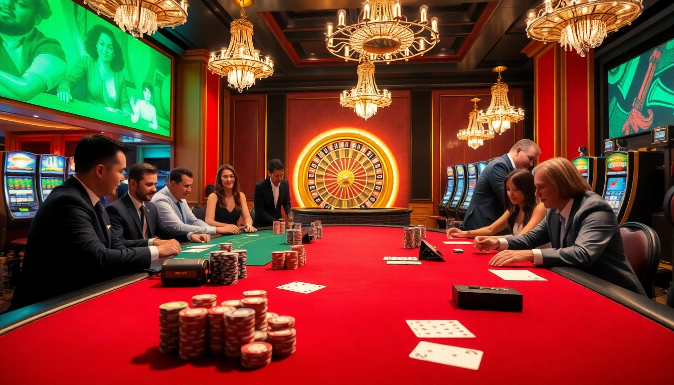 A vibrant casino scene featuring gaming tables and excitement at https://bem88.io/ with players and dealers engaging at poker and blackjack.