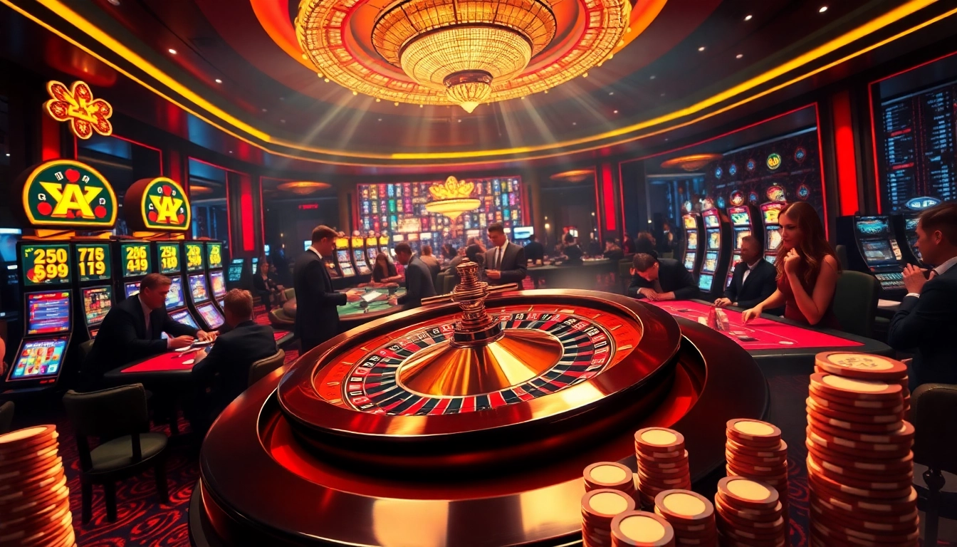 Players enjoy high-stakes gambling at https://zk88.club/ casino, with vibrant slot machines and roulette wheel.