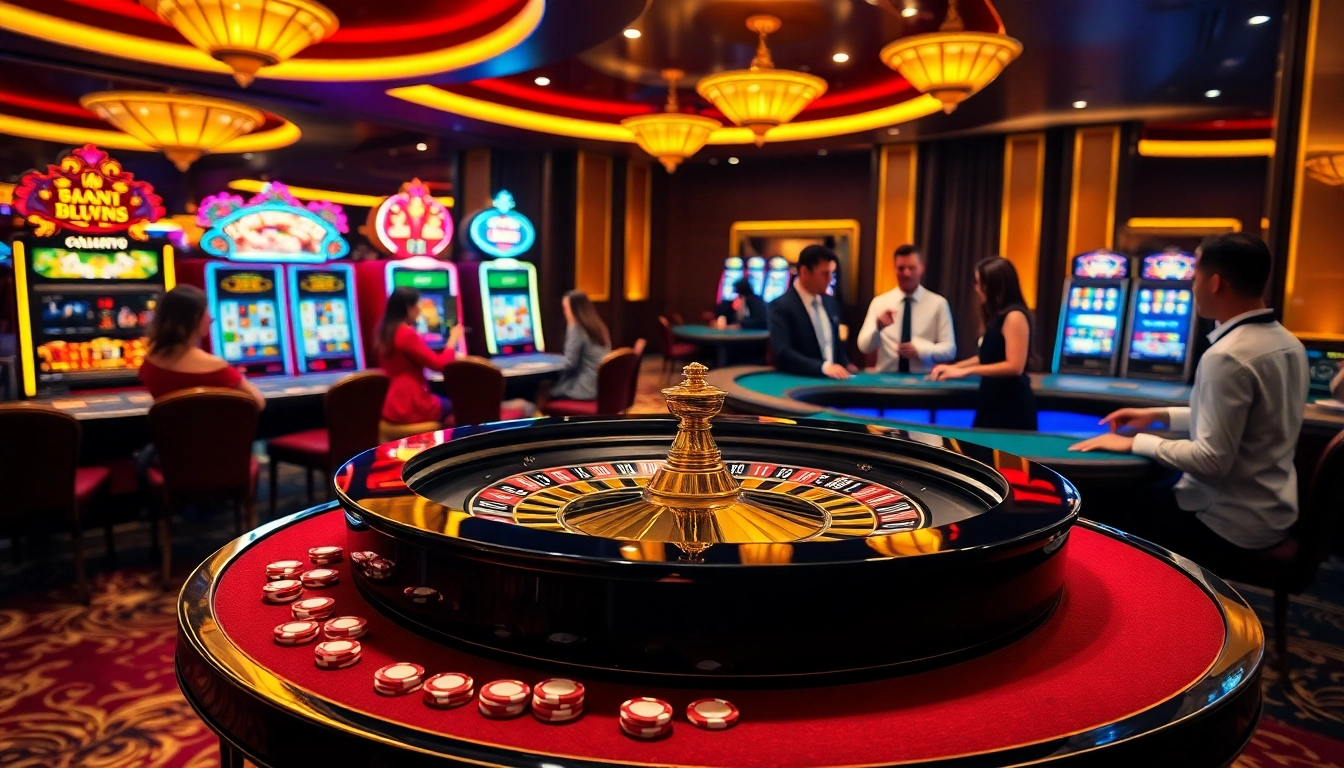 Nk88 trang chủ with lively players at a roulette table and vibrant slot machines in an elegant casino.