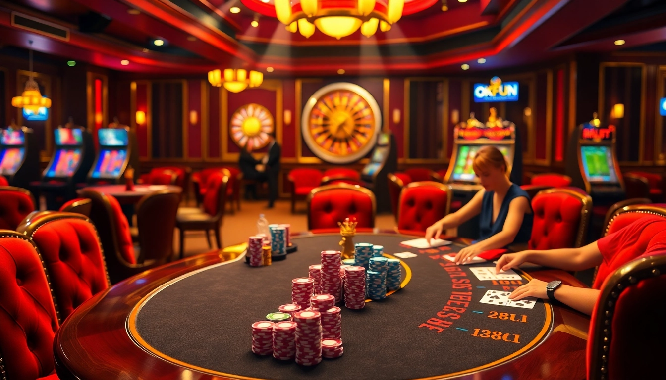 Experience the excitement of OKFUN at a luxurious casino with poker games and vibrant slot machines.