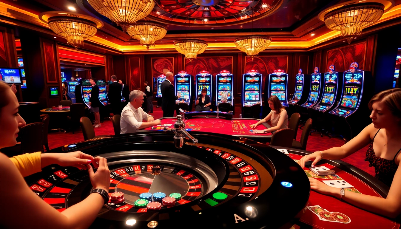 Exciting gaming scene showcasing nhà cái max88 at a luxurious casino with roulette and poker tables.