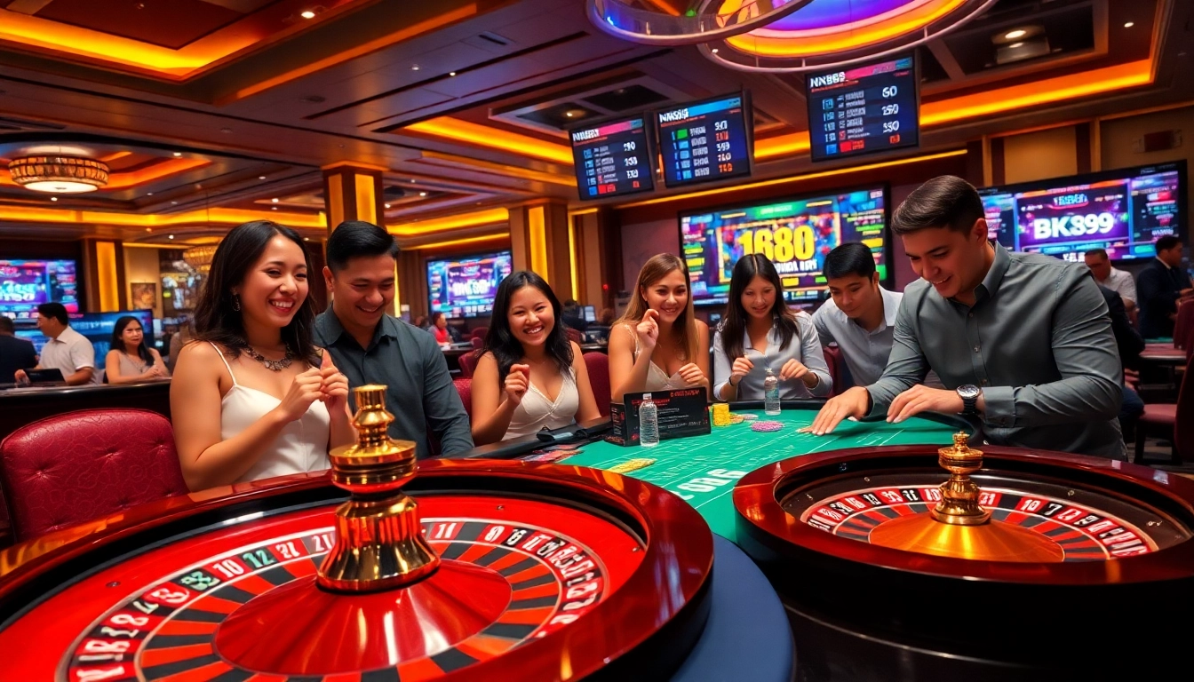 Players enjoying their time at the NK88 casino table, surrounded by exciting gaming elements.