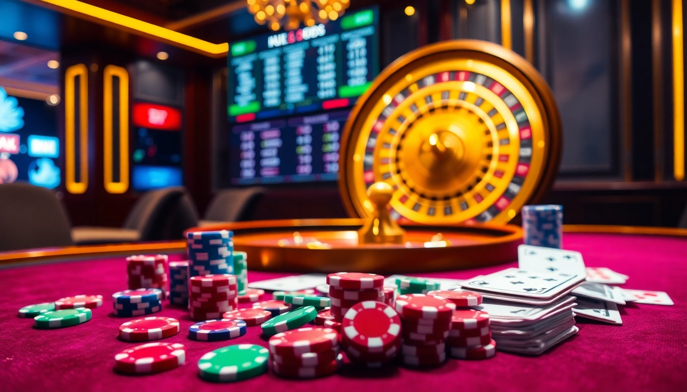 Experience thrills at https://mb66.golf/ with colorful poker chips on a luxury casino table.