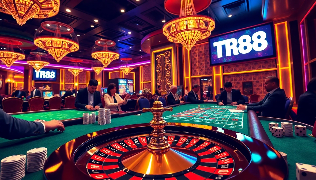 Experience excitement at TR88 Casino with poker chips, a roulette table, and thrilling gaming action.