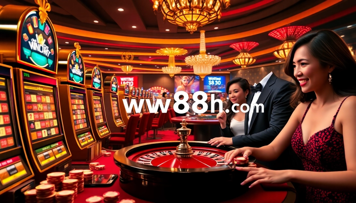 Players enjoying the online casino experience at http://ww88h.com/ with vibrant slot machines and roulette.
