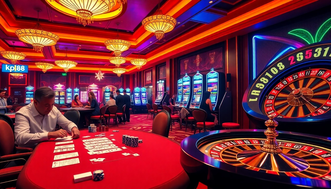 Experience Kp88’s thrilling casino atmosphere with poker tables, roulette, and vibrant slot machines.