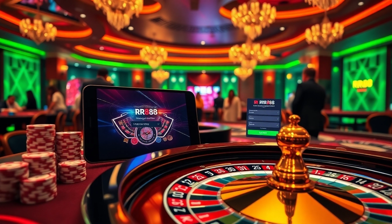 rr88 đăng nhập scene featuring players at a luxurious casino table, showcasing online gambling excitement.