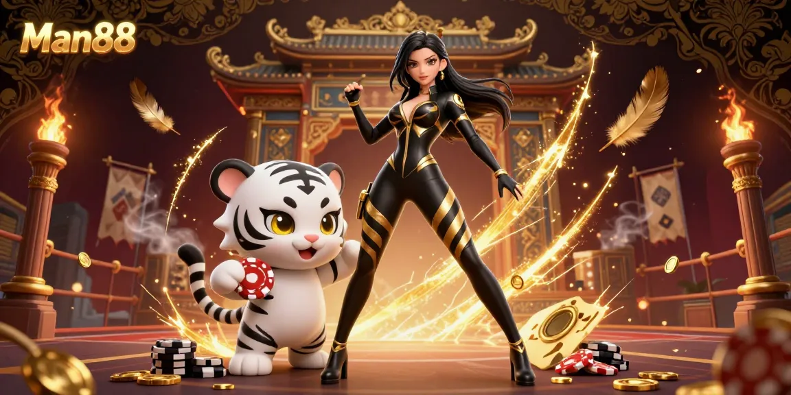 Engage with exciting gaming adventures at Man88 featuring a woman in a catsuit with a baby tiger.