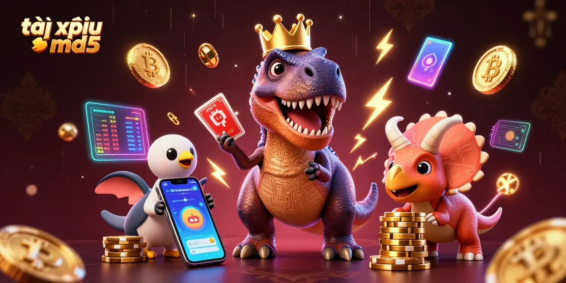 Experience tài xỉu md5 with dynamic characters in a vibrant 3D casino scene full of crypto elements.