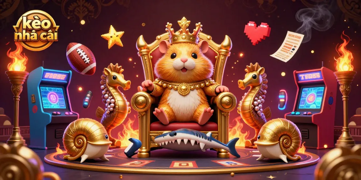 Bet on kèo nhà cái with a dynamic sports scene featuring a golden hamster king, surrounded by vibrant arcade machines and betting slips.