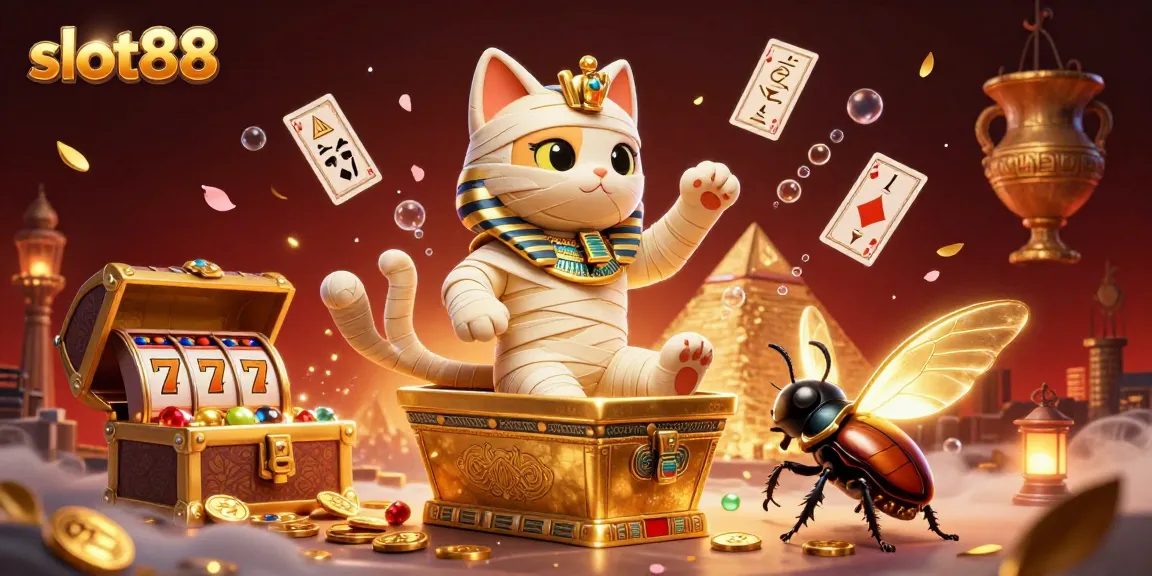 Experience the excitement of slot88 with a 3D illustration of a mummy cat amidst a vibrant casino scene.