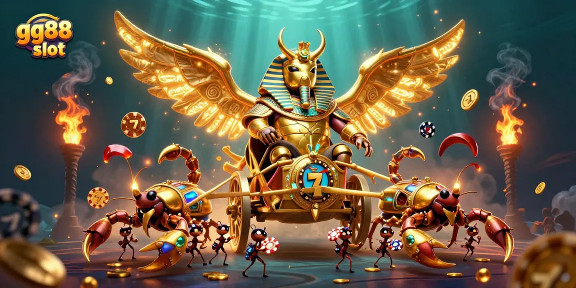 Experience the exciting gg88 slot action with a colossal scarab beetle and vibrant casino elements.