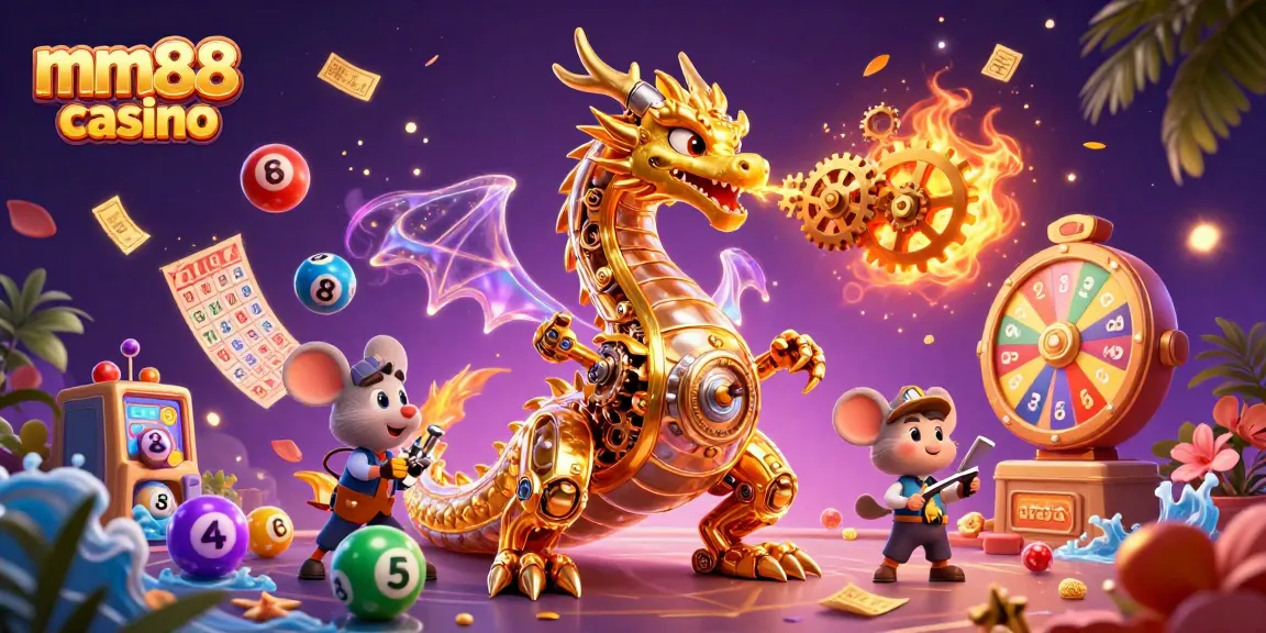 Experience thrilling gameplay at mm88 casino with vibrant gaming elements and a golden dragon!