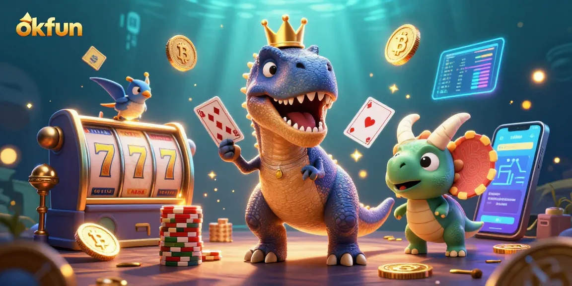 Enjoy exciting gameplay with okfun as a T-Rex and friends indulge in casino fun by stacking chips and shuffling cards.