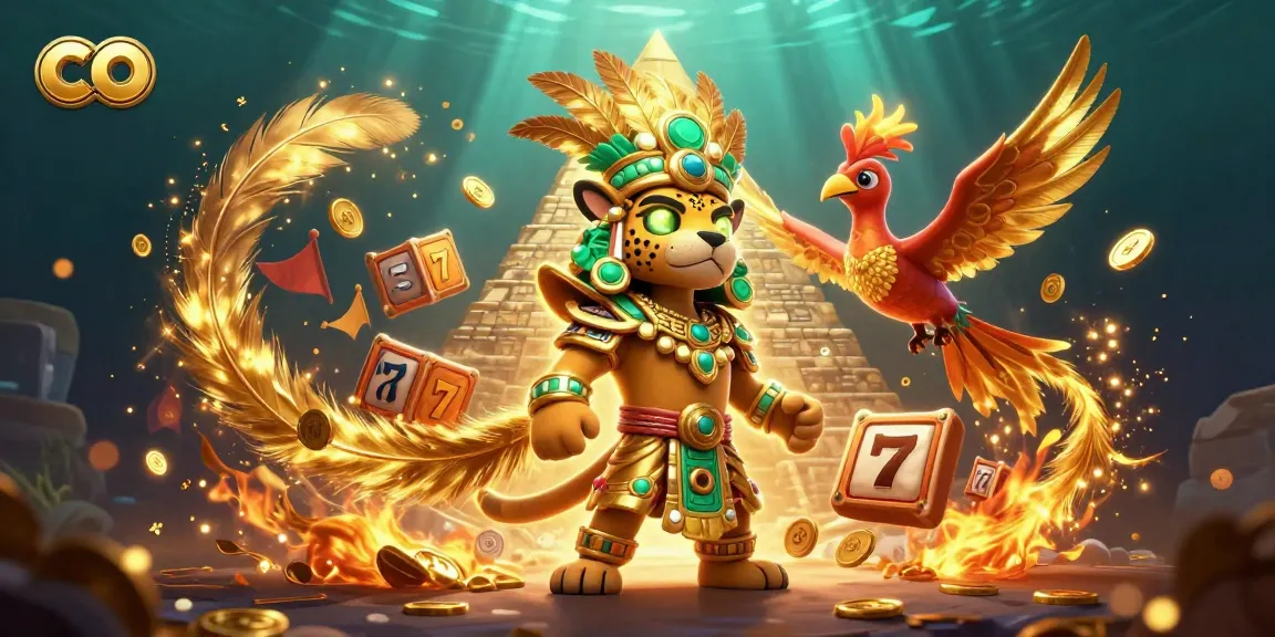 Play exciting casino games at co with a detailed 3D illustration of a Mayan jaguar priest and vibrant elements.