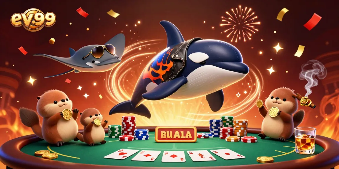 Experience thrilling poker action with ev99 as cartoon characters celebrate wins among vibrant casino elements