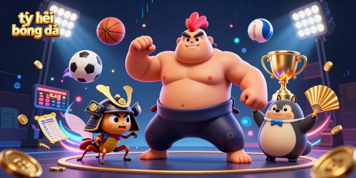Engage with tỷ lệ bóng đá through a dynamic sports betting scene featuring a powerful sumo wrestler rooster and a fierce cricket.