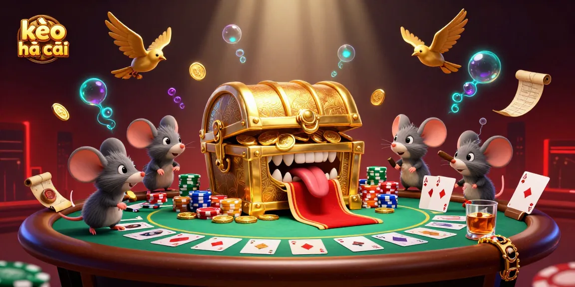 Engaging kèo nhà cái scene showcasing a treasure chest, poker elements, and vibrant casino atmosphere.
