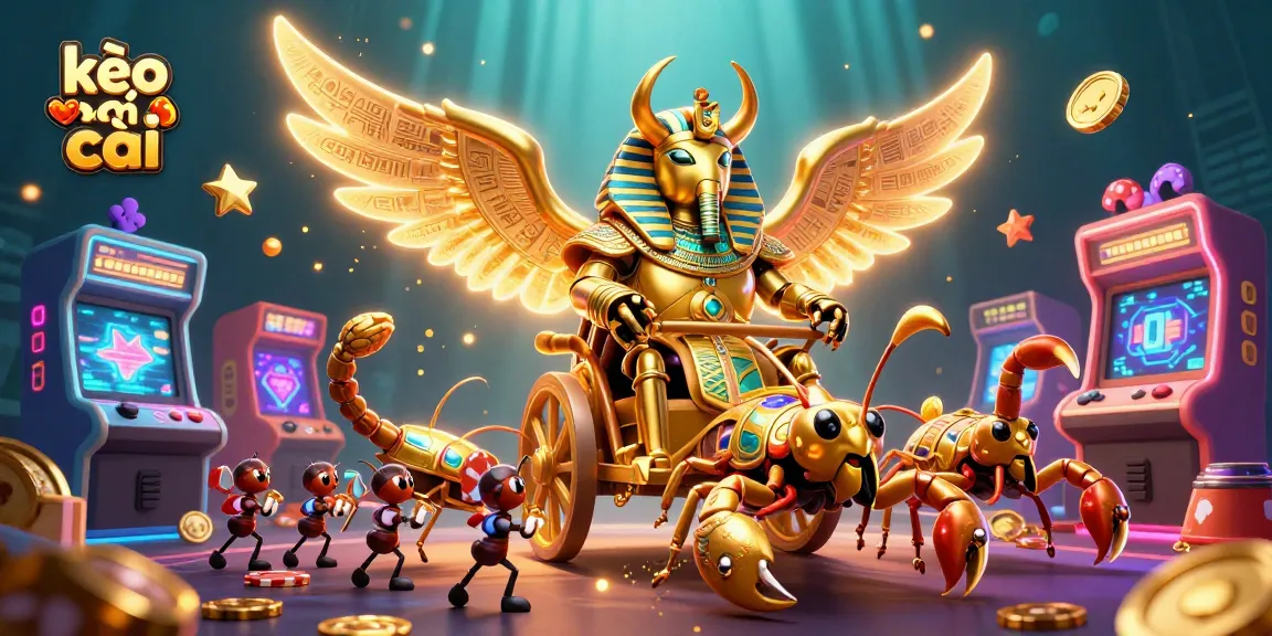 Engage with kèo nhà cái's vibrant online casino world through a dazzling illustration of scarab-themed characters.