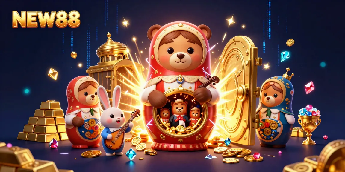 Step into the excitement of NEW88 with vibrant casino-themed 3D characters and treasures.