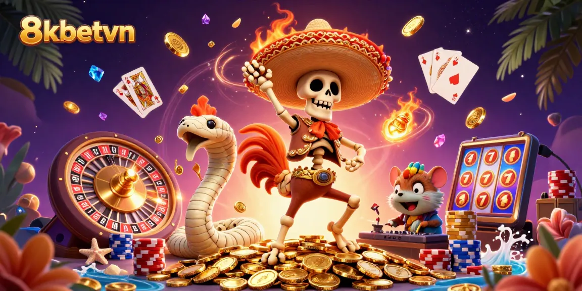 Experience the thrill of 8kbetvn with a dynamic casino illustration featuring lively characters and gaming elements.