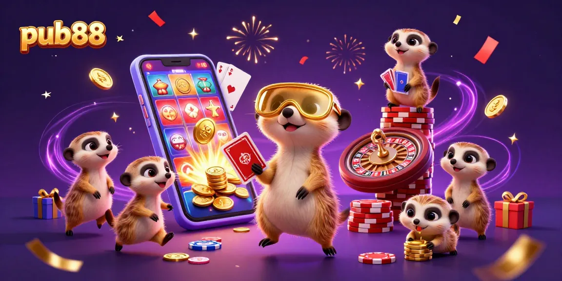 Experience the thrilling casino world of pub88 with animated meerkats and vibrant game elements.