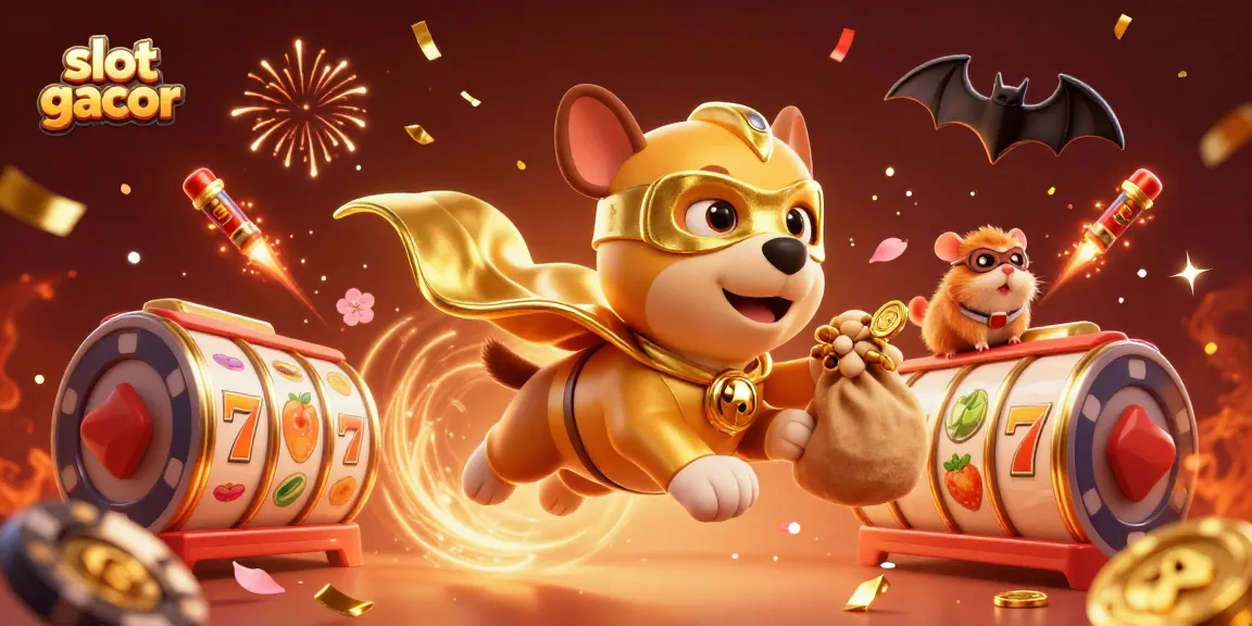 Experience the thrill of slot gacor games with a superhero dog and hamster in a dynamic casino scene.