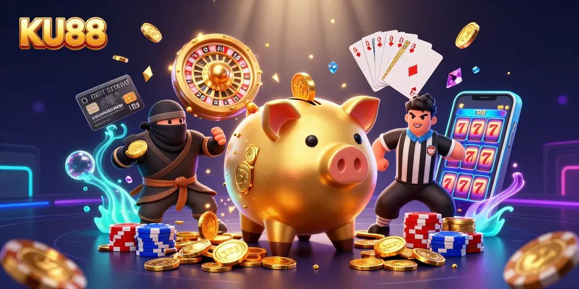 Engage with KU88's vibrant casino theme featuring a golden piggy bank sumo wrestler amidst dynamic elements and action.