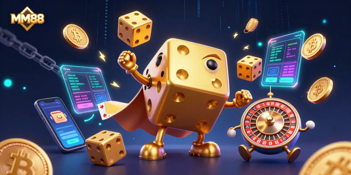 Experience the excitement of MM88 with dynamic 3D illustration showcasing golden dice and crypto elements in action.