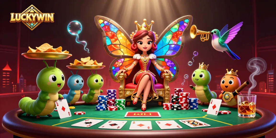 LUCKYWIN showcases an exciting 3D casino scene featuring a butterfly queen, poker cards, and chips.