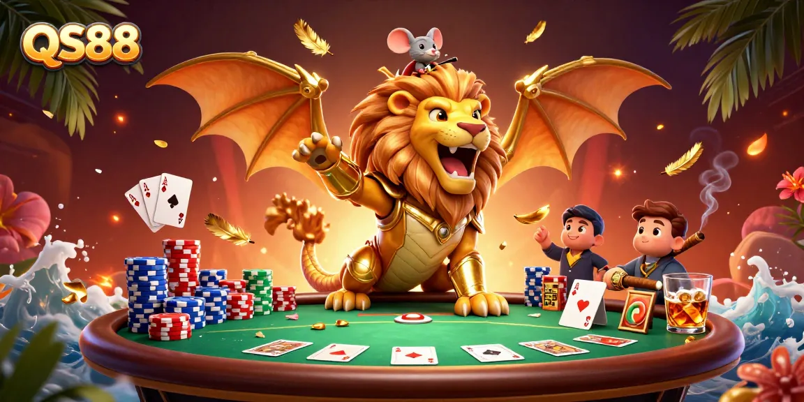 Experience the excitement of QS88 poker with a triumphant chimera and mouse jockey, surrounded by vibrant game elements.