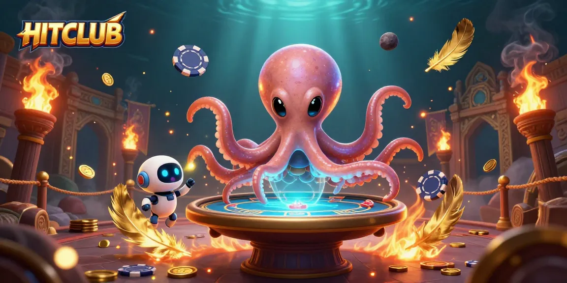 HITCLUB showcases an alien octopus gaming at a futuristic poker table with vibrant casino effects.