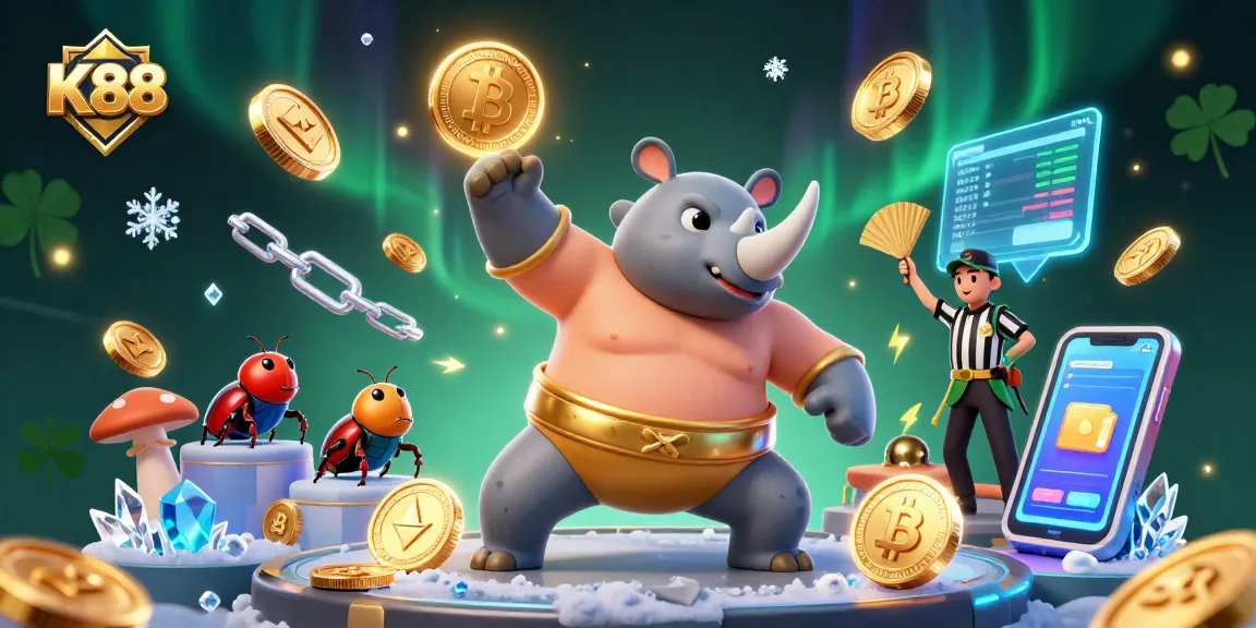 Bet big with K88 in this exciting 3D casino illustration featuring vibrant characters and crypto elements.