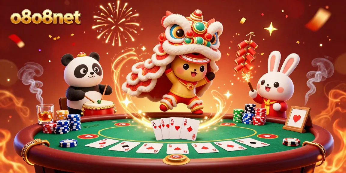 Experience thrilling poker action and festive celebration in this vibrant o8o8net casino illustration.