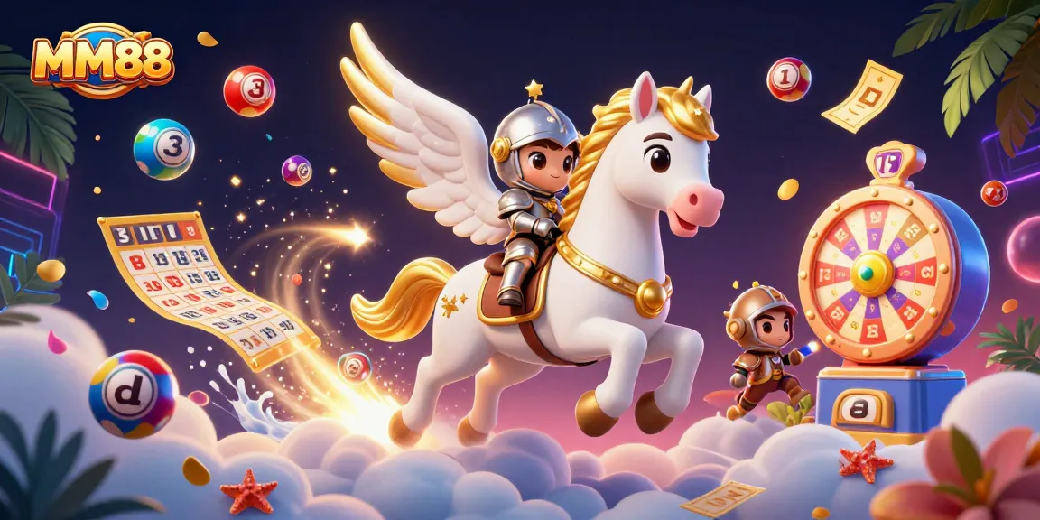 Engage with MM88's dynamic casino universe featuring colorful lottery balls and a magical knight.