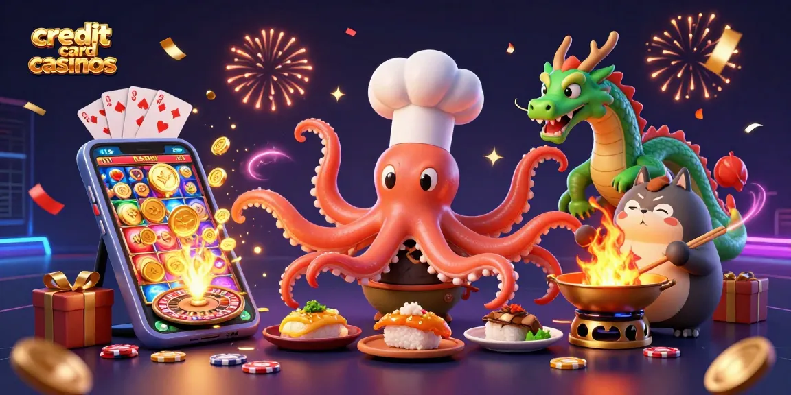 Experience the excitement of credit card casinos with cartoon characters, slot games, and vibrant casino elements.