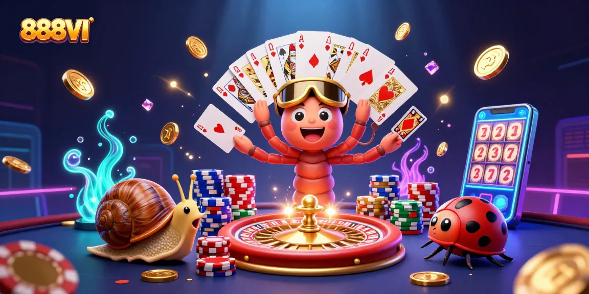Experience the thrill of 888VI with a vibrant casino scene showcasing a cartoon millipede dealer and exciting game elements.