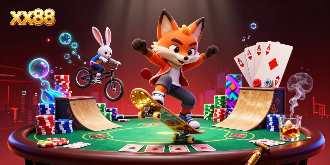 Dynamic scene featuring xx88's skateboarder fox and BMX rabbit amidst vibrant casino action.